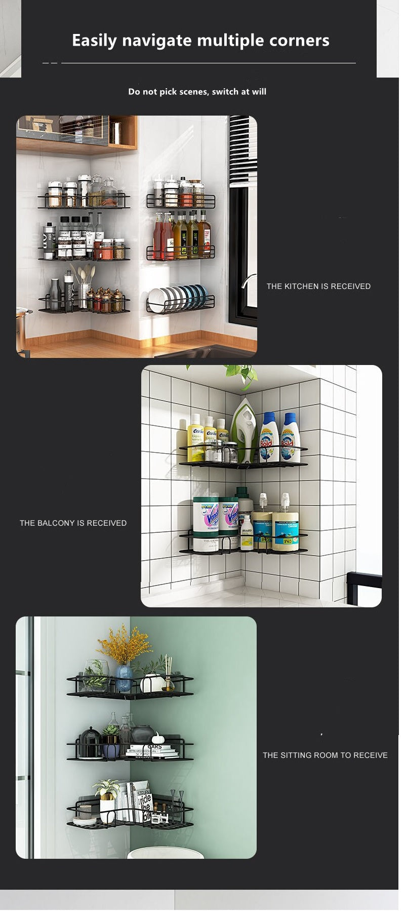 Corner Metal Rack For Bathroom & Kitchen (with 2 Adhesive Screws)