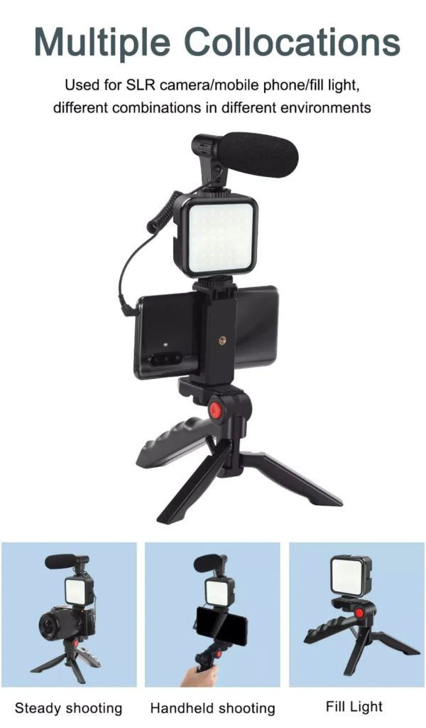 Vlogging Kit Accessories for Mobile Phone DSLR Camera Video Recording with Tripod Shoot Mic 360 LED Remote Selfie Light for Live Streaming Short Film
