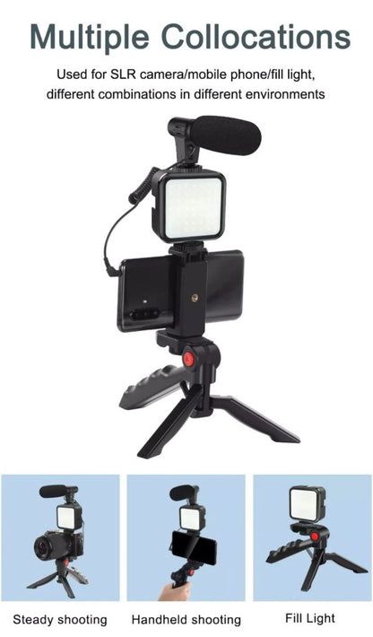 Vlogging Kit Accessories for Mobile Phone DSLR Camera Video Recording with Tripod Shoot Mic 360 LED Remote Selfie Light for Live Streaming Short Film